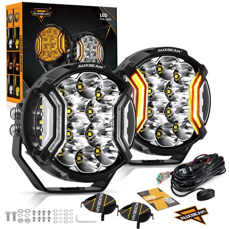Auxbeam 5In VUltra Series 172W LED Light Pods Offroad Round Driving Light with Amber DRL 270 Wide Range Super Bright Side Shooter White Hyper Spot Beam Universal Lights with Black Cover2PCS