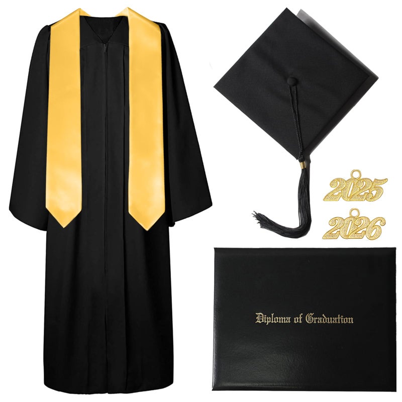 GAMYPET Black Graduation Gown and Cap Set with Matching Tassel and 2026 Year Charm Golden 72" Stole and Black Graduation Diploma Holder - Image 1