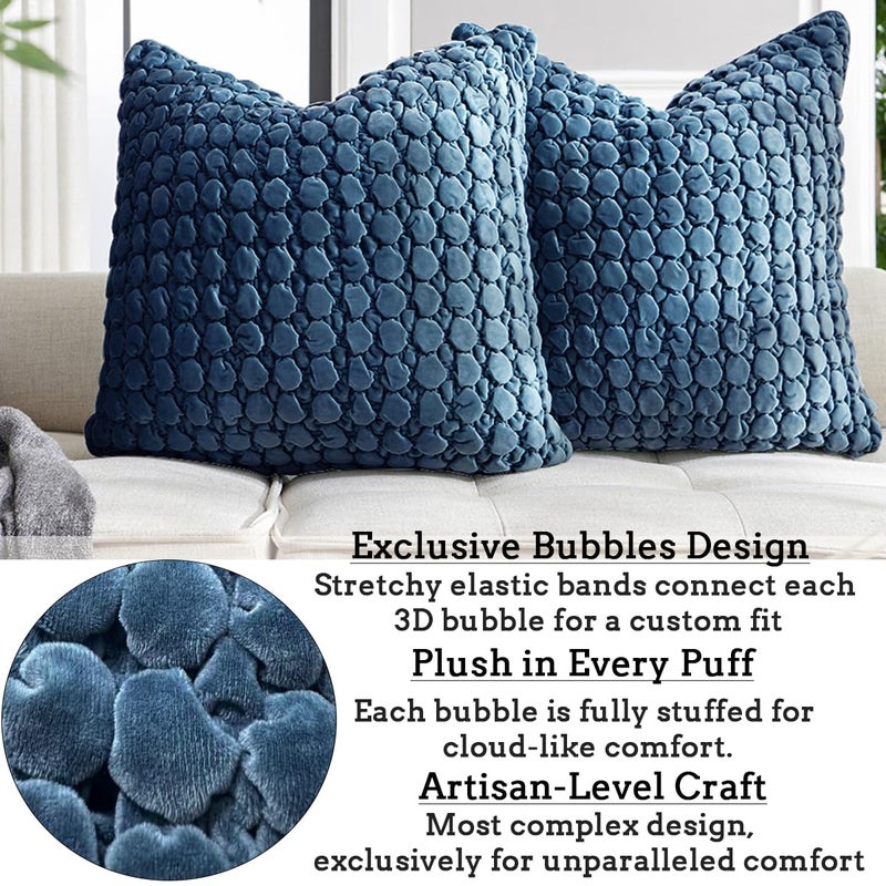 COCOPLOCEUS Pillow Cover 24x24 1 Piece Velvet Euro Sham Decorative Farmhouse Pillowcase Boho Square Cushion Covers Soft Bubble Texture for Couch Sofa Bed Bedroom Car Living Room，Blue - Image 4