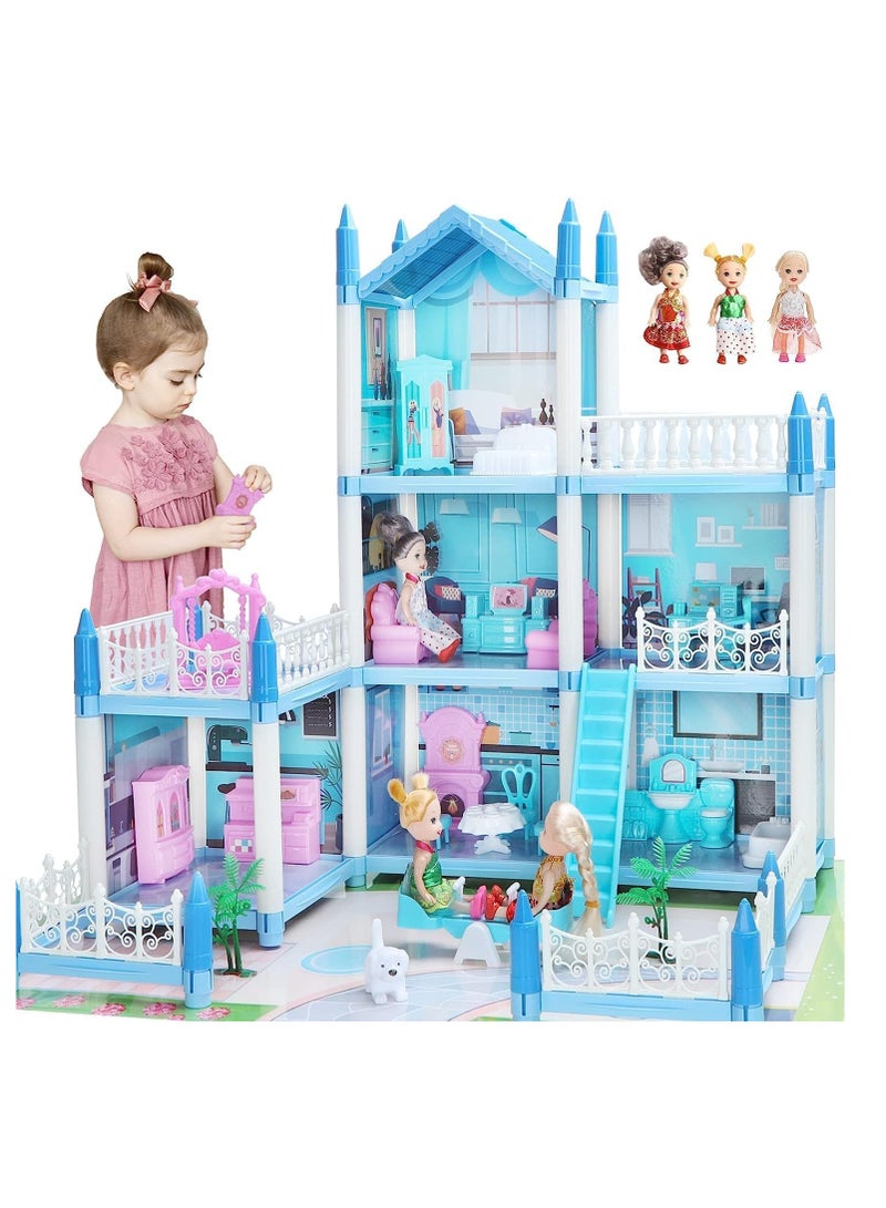 Doll House for Girls 2 3 4 5 6 7 8 Year Old - 3-Story 6 Rooms Dollhouse with 3 Dolls Light Accessories Furniture and Play Mat, DIY Pretend Dream House Toy Gift for Kids  - Image 1