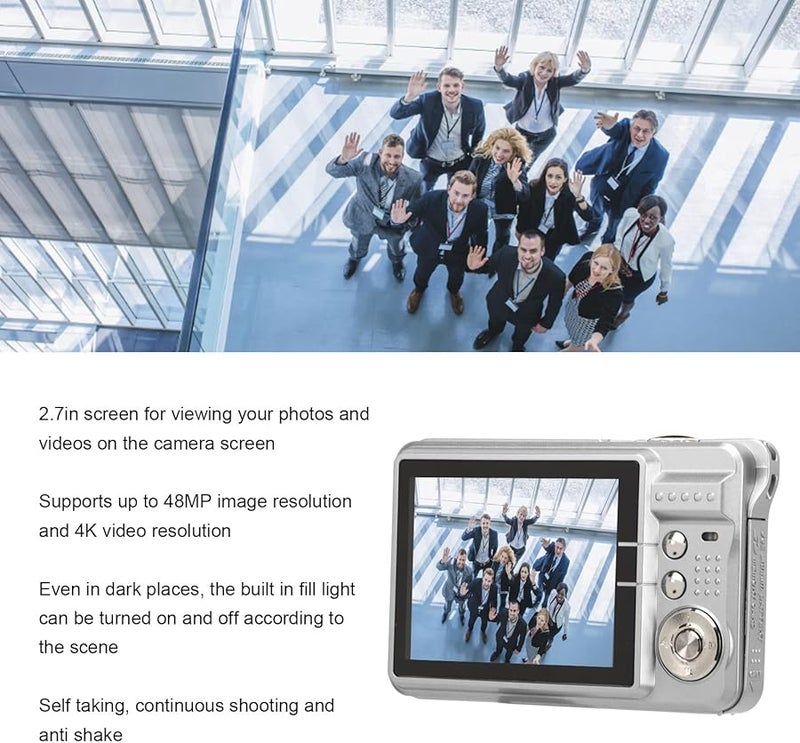 كاميرا رقمية 4K فضي 48 ميجابكسل مع تكبير 8x وكاميرا مدونة فيديو مع ضوء تعبئة وشاشة 2.7 بوصة للطلاب والمراهقين والبالغين - Image 3