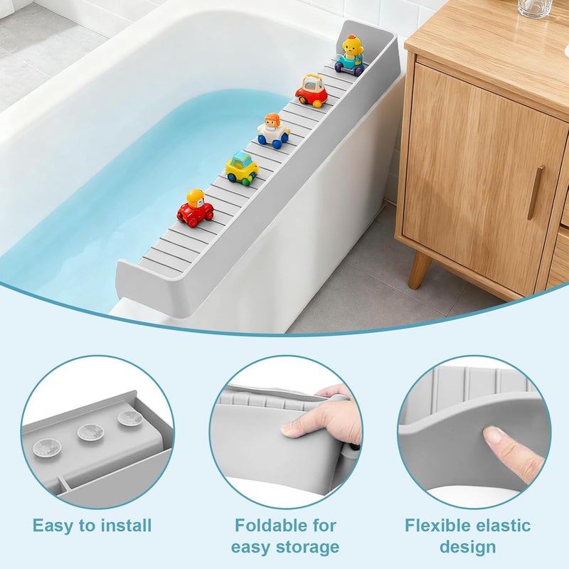 ZingFsh Bathtub Splash Guard for Kids,2.6 FT Silicone Bathtub Play Shelf with 11 Suction Cups, Bath Tub Ledge Shelf for Kids, Prevents Water Spills in Bathroom (Grey) - Image 2