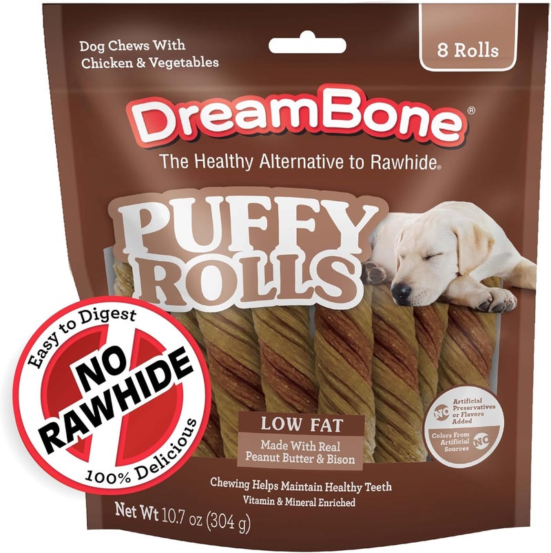 DreamBone Puffy Rolls Chews for Dogs, 8 Count, Treat Your Dog to Easy-to-Digest Rawhide-Free Chews Made with Real Peanut Butter and Bison - Image 1
