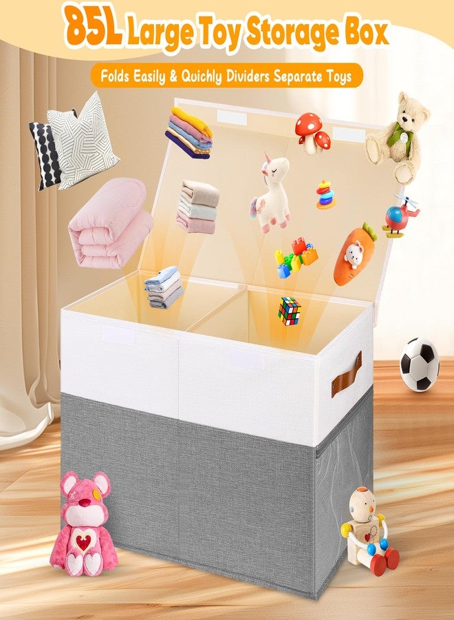 Mabahoo Large Toy Box, Collapsible Sturdy Storage Chest With Lids, Kids Toy Chest Storage Organizer Toddler Bin Boxes for Living Room, Bedroom, Nursery, 25"x13"x16", White & Gray - Image 2