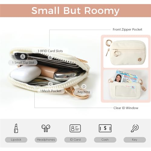 JEEBURYEE Wristlet Keychain Wallets for Women RFID Blocking Credit Card Holder Small Zipper Coin Purse Change Pouch with ID Window and Detachable Wrist Strap Beige - Image 3