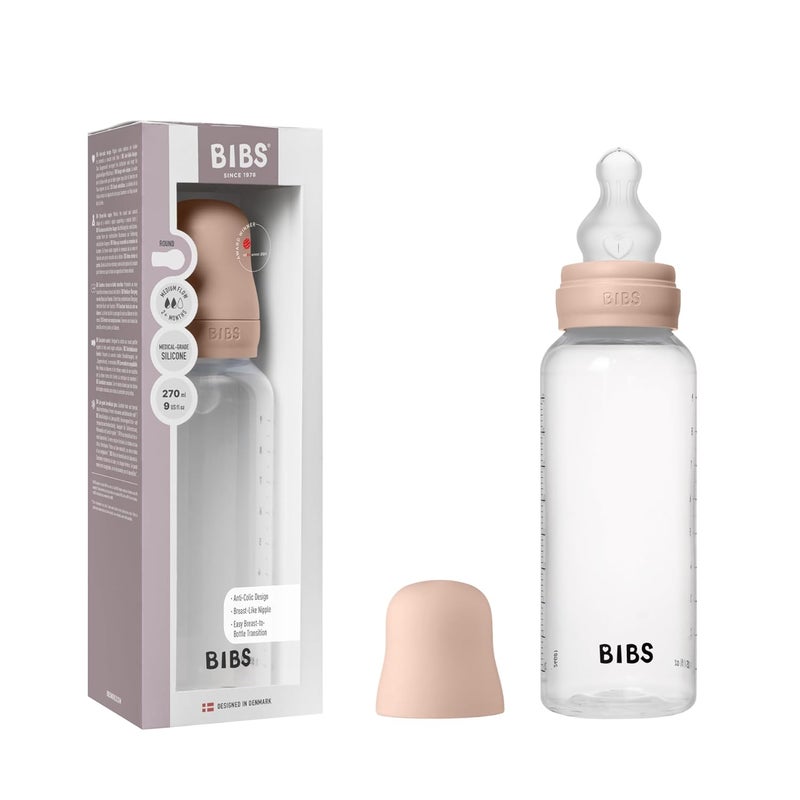 BIBS Baby Bottle 9 oz  270 ml Silicone Nipple  AntiColic BPAFree Round Nipple Medium Flow Lightweight  Easy to Clean Suitable for Newborns 0 Years  Blush - Image 1