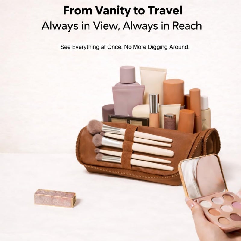 APT 1101 Large Standing Foldable Makeup Bag for Travel, Vertical Folding Down Design, Organized Cosmetic & Skincare Bag for 2â€“4 Week Trips (Chocolate) - Image 4
