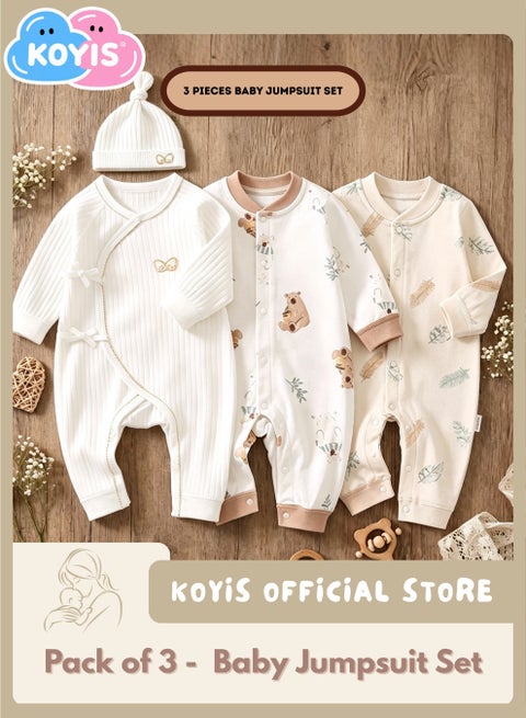 3-Piece Baby Jumpsuit Set, 100% Pure Cotton, Soft & Breathable Newborn Baby Clothes, All Season, 1–3 Months - Angel, Leaf Bear, Leaf