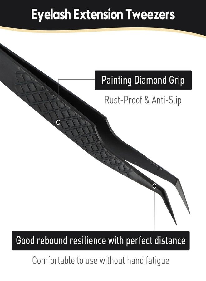 Ms.Queen Lash Extension Tweezers, Professional 45 Degree Fiber Grip Tweezers for Eyelash Extensions,Black - Image 4