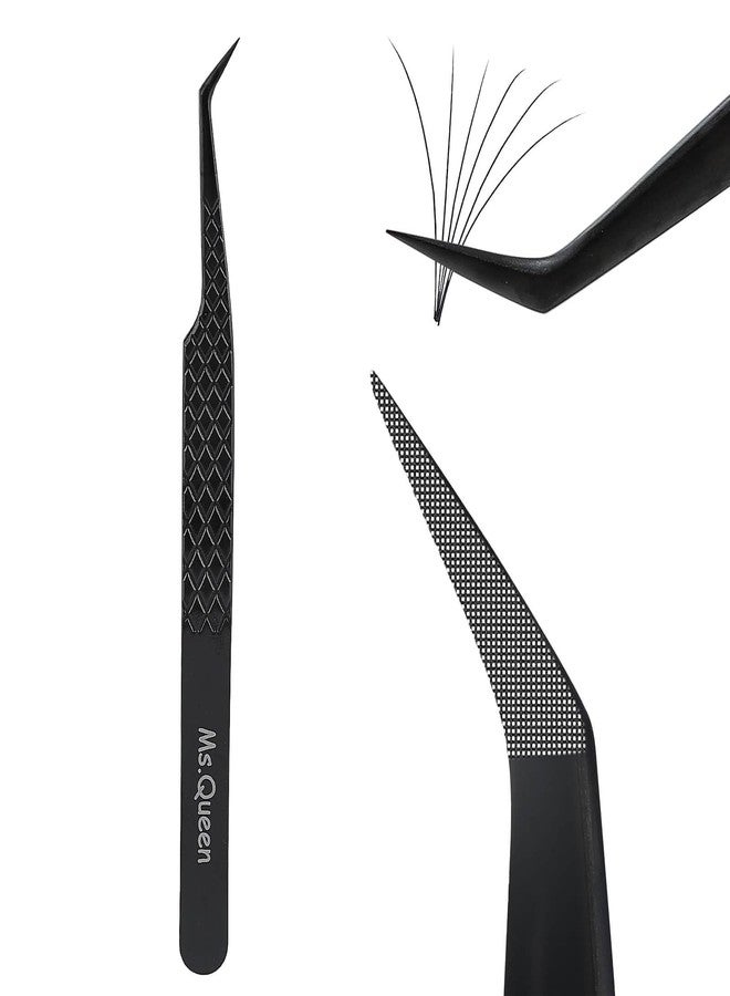 Ms.Queen Lash Extension Tweezers, Professional 45 Degree Fiber Grip Tweezers for Eyelash Extensions,Black - Image 1