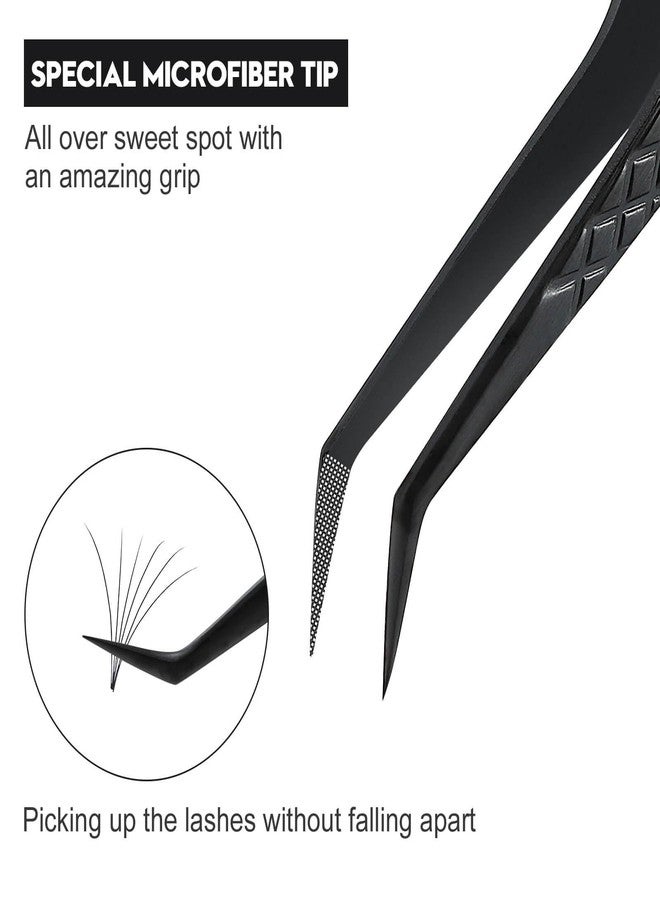 Ms.Queen Lash Extension Tweezers, Professional 45 Degree Fiber Grip Tweezers for Eyelash Extensions,Black - Image 2