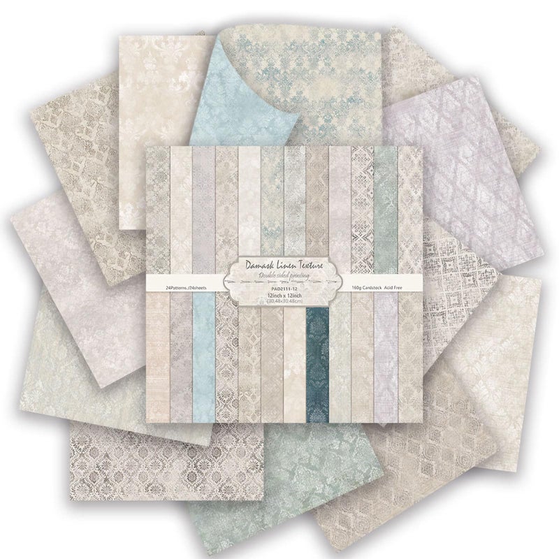 Colabrili 24 Pack Scrapbook Paper 12 Ã— 12 Textured Patterned Paper, Vintage Double-Sided Decorative Craft Papers Scrapbooking Supplies for DIY Card Making Photo Album Journal Decor (Damask Linen Texture) - Image 1