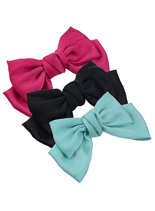 Thaoya 3Pack Fashion Doubledeck Chiffon Large Solid Color Bowknot Hair Clip Women Girls Bow Clip Accessories Hc2175 (Black Roseo And Light Blue) - Image 2