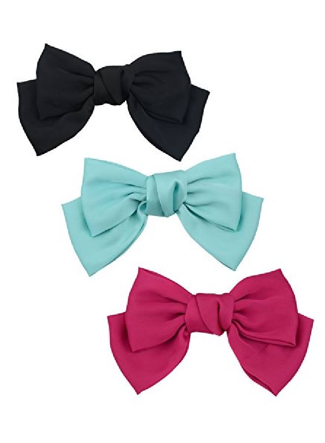 Thaoya 3Pack Fashion Doubledeck Chiffon Large Solid Color Bowknot Hair Clip Women Girls Bow Clip Accessories Hc2175 (Black Roseo And Light Blue) - Image 3
