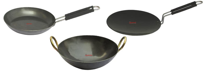 Olrada Iron 3-Piece Cookware Set (8inch Fry Pan, 10inch Tawa, 9inch Kadai) - Image 1