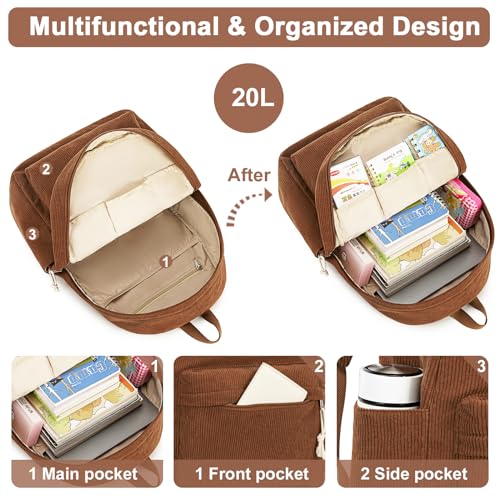 BTOOP School Backpack for Teens Large Corduroy Bookbag Lightweight 15.6 inch Laptop Bag for Girls Women Casual High School College - Image 3