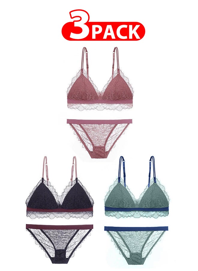 MARGOUN 3 Packs For Women's Medium Size Bra and Panty Set Bra Lace Lash Floral Briefs Underwear Triangle Cup Young Girls Underwear Lingerie Bra and Panties Set Multicolour - Image 1