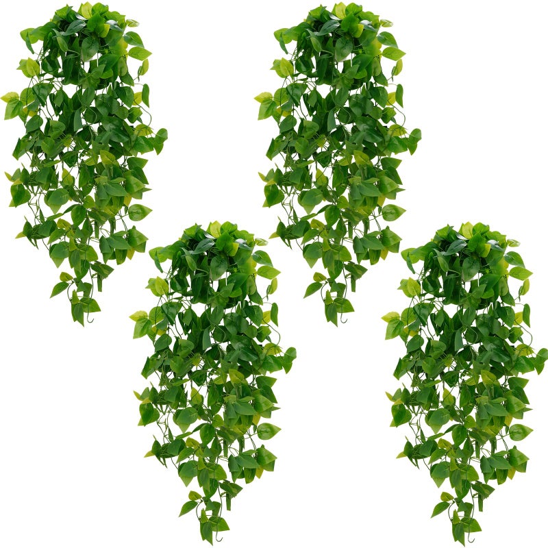 BLEUM CADE Fake Hanging Plants 4pcs Artificial Hanging Plant Faux Pothos Vines Greenery for Wall Home Living Room Office Indoor Outdoor Decor No Baskets