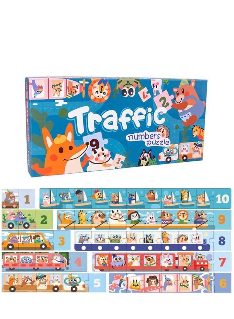 Traffic Numbers Puzzle, Educational Jigsaw Puzzle with Animal Figurines, 10 Pieces - Image 1
