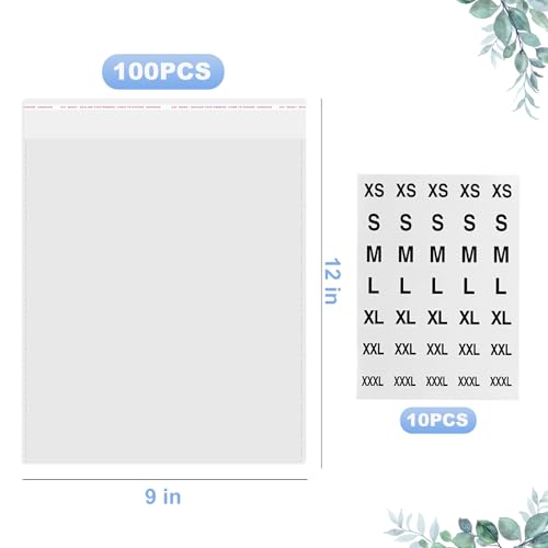 Lechay 100 Count T Shirt Bags, Cellophane Bags Clear Poly Bags Plastic Bags For Packing Clothing Self Sealing Bag With10 Pcs Size Stickers (9 * 12) - Image 2