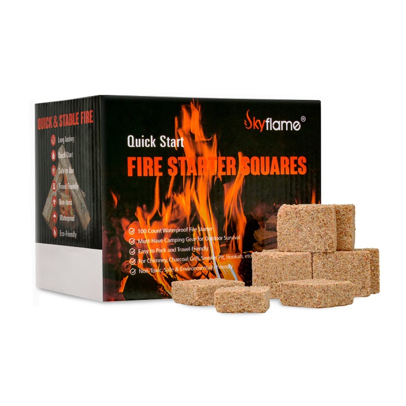 Skyflame 100 Pack Natural Fire Starters, Square Waterproof Easy Fire Charcoal Starters Compatible with BGE, Kamado Joe, Smokers, Wood Stove & Grills, BBQ & Grill, Campfire, Fireplace, Camp Fire Pits - Image 1