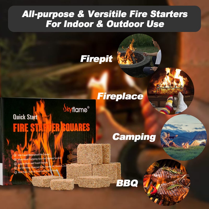 Skyflame 100 Pack Natural Fire Starters, Square Waterproof Easy Fire Charcoal Starters Compatible with BGE, Kamado Joe, Smokers, Wood Stove & Grills, BBQ & Grill, Campfire, Fireplace, Camp Fire Pits - Image 3
