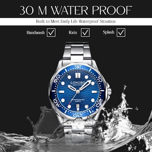 LONGBO Men's Watches Fashion Casual Luxury Dress Waterproof Quartz Analogue Wristwatches for Men Stainless Steel Band, Birthday Gift for Men (Silver-Blue) - Image 5
