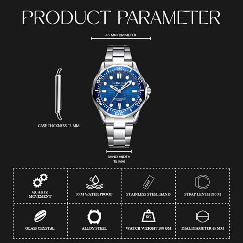 LONGBO Men's Watches Fashion Casual Luxury Dress Waterproof Quartz Analogue Wristwatches for Men Stainless Steel Band, Birthday Gift for Men (Silver-Blue) - Image 4