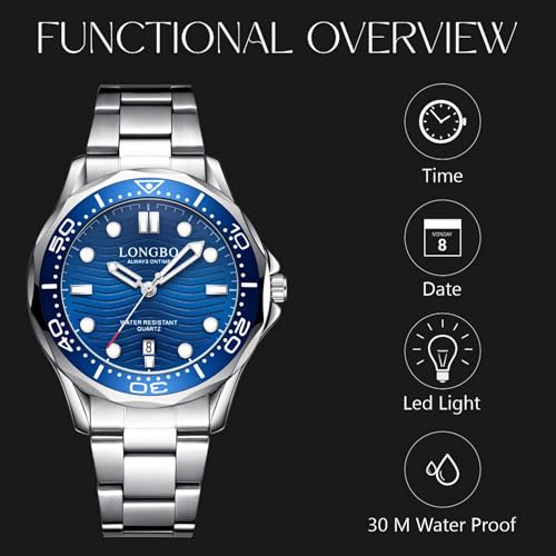 LONGBO Men's Watches Fashion Casual Luxury Dress Waterproof Quartz Analogue Wristwatches for Men Stainless Steel Band, Birthday Gift for Men (Silver-Blue) - Image 3