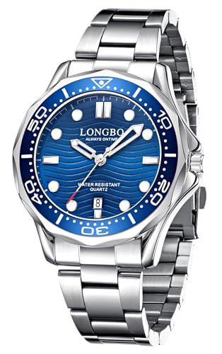 LONGBO Men's Watches Fashion Casual Luxury Dress Waterproof Quartz Analogue Wristwatches for Men Stainless Steel Band, Birthday Gift for Men (Silver-Blue) - Image 1