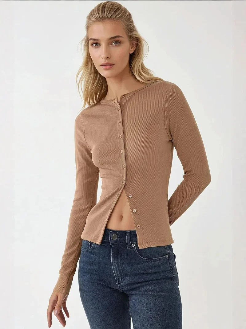 HICCUP Textured Knit Slim Fit Long Sleeve Blouse with Buttons