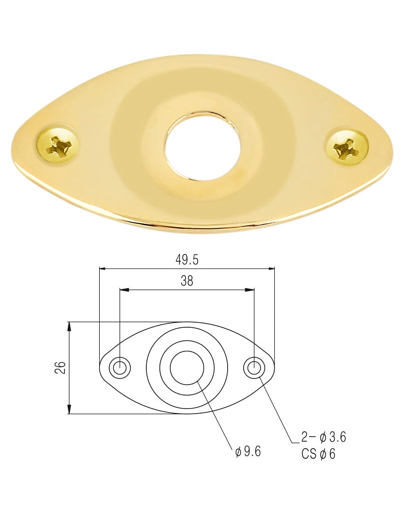 Holmer Guitar Jack Socket Plate Curved Recessed Oval Football Style Output Jack Plate Compatible with Les Paul Ibanez Jackson Guitar or Bass Parts with Screws Gold.(HJ 002-GD) - Image 2