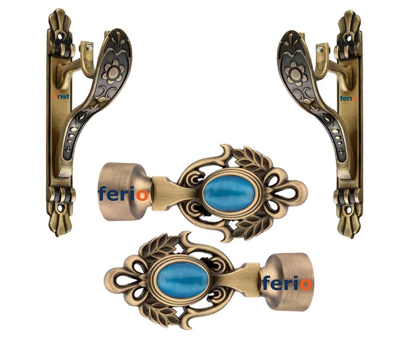 FERIO Antique Brass Zinc Alloy and Diamond Rajwadi Design Curtain Bracket Holder and Curtain Finials for Door and Windows Fitting 1 Inch Rod (Curtain Support 2 Pcs and Curtain Finial 2 Pcs) - Image 1