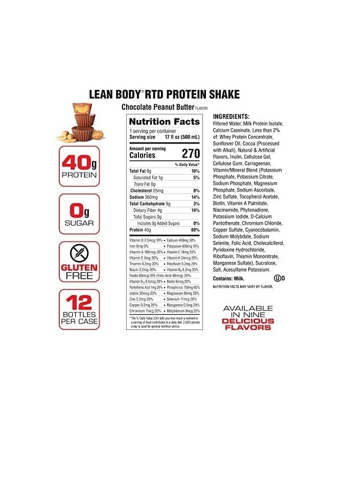 Lean Body Ready To Drink Protein Shake- Chocolate Peanut Butter - Pack of 12 - pzsku/ZAE86E9D8D9AEFC414EA7Z/45/_/1702757172/c3ba7372-973d-4f3f-9b55-d23fd618c1d8