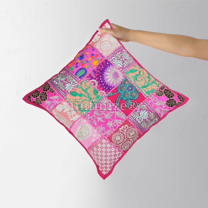 iinfinize Decorative Patchwork Pillow Cover Gorgeous Embroidery Pillow Design Pattern 16" Inch Cotton Cushion Case Square Pillow Decorative Pillow Sofa Sham Pillow