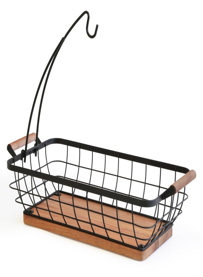 WILDMOS Rectangular Fruit Basket with Banana Hanger,Metal Wire Fruits Bowl with Wooden Base,Kitchen Table Organizer,Black Fruit Bowl for Kitchen Counter,Vegetable Bowls for Fruits, Veggies, Snacks. - Image 1