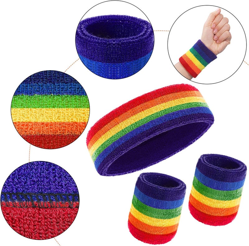 Bememo 6 Pcs Neon Sweatbands Set for Men Women 80s Tennis Striped Headband Sports Wristband Set Costumes Glow Cosplay Party - Image 2