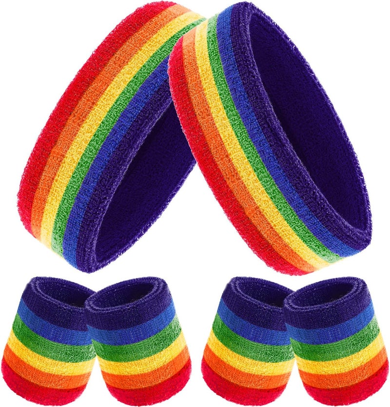 Bememo 6 Pcs Neon Sweatbands Set for Men Women 80s Tennis Striped Headband Sports Wristband Set Costumes Glow Cosplay Party - Image 1