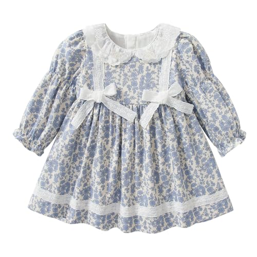 Simplee kids Baby Girls Smocked Dress Handmade FAL Casual Dresses Floral Print Sundress Princess Dress for Toddlers Light Blue 2T - Image 1