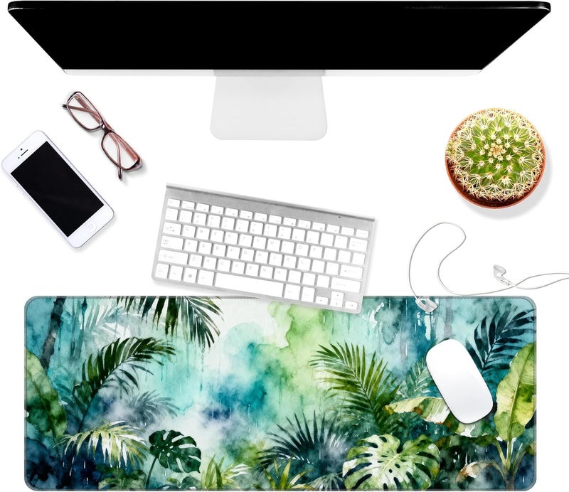 Dynippy Thin Extended Gaming Mouse Pad （31.5 * 11.8 * 0.08 inch） with Stitched Edges Large, Long XXL Keyboard and Mouse pad Desk Mat for Gaming Office & Home -Watercolor Jungle Rain - Image 3