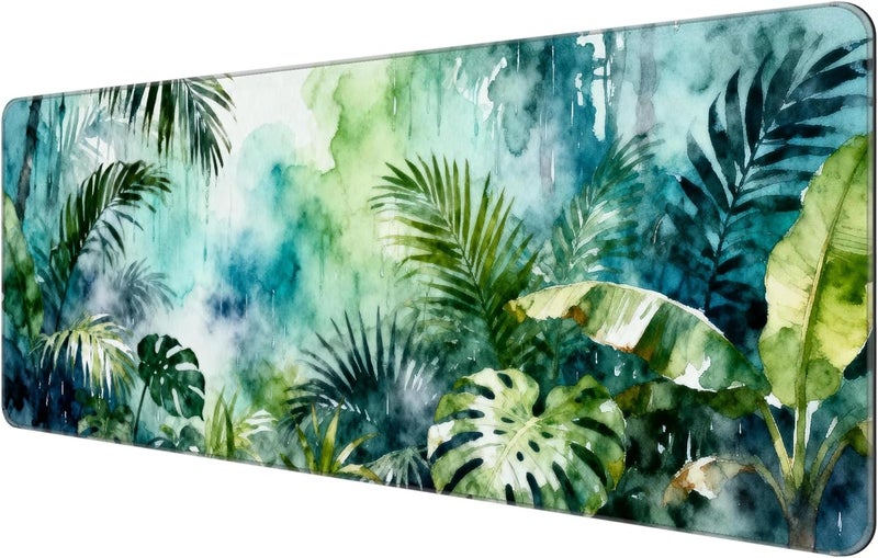 Dynippy Thin Extended Gaming Mouse Pad （31.5 * 11.8 * 0.08 inch） with Stitched Edges Large, Long XXL Keyboard and Mouse pad Desk Mat for Gaming Office & Home -Watercolor Jungle Rain - Image 1
