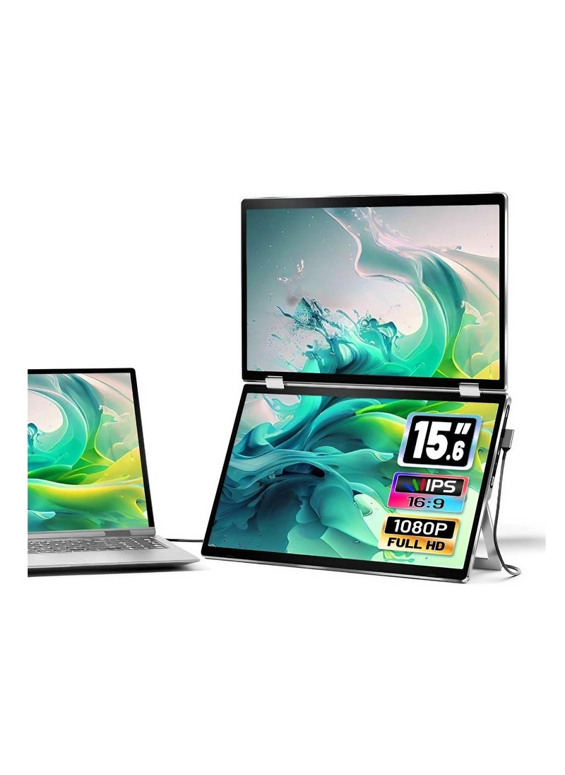 V2COM - Laptop Screen Extender, 15.6" Portable Monitor for Laptop with 340°Rotation, Full HD Stacked Folding Monitors Build-in Stand VESA, Compatible with Windows & Mac, Plug and Play. - Image 1