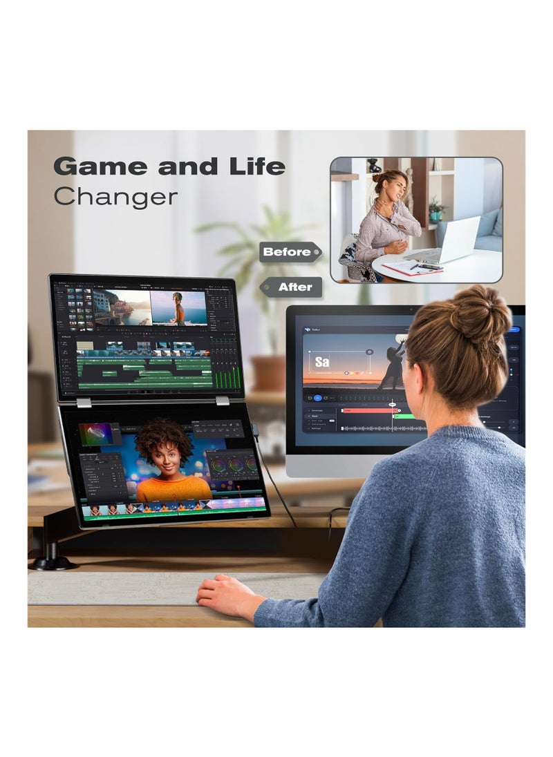V2COM - Laptop Screen Extender, 15.6" Portable Monitor for Laptop with 340°Rotation, Full HD Stacked Folding Monitors Build-in Stand VESA, Compatible with Windows & Mac, Plug and Play. - Image 1