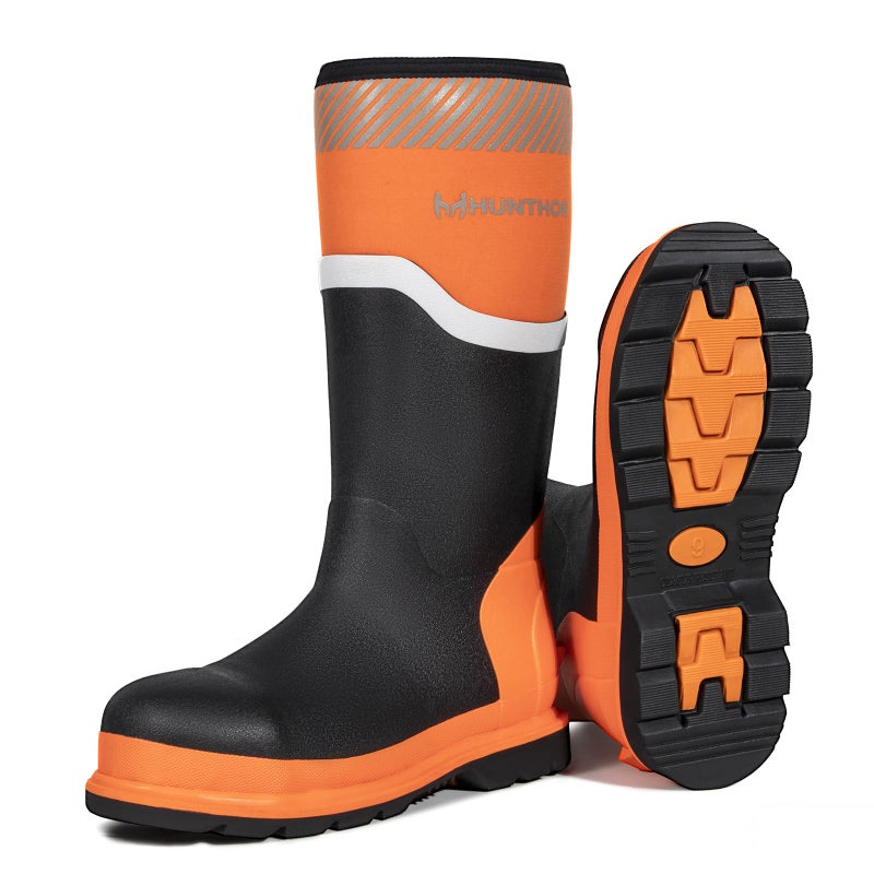 Hunthor Steel Toe Rubber Boots for Men, Safety Reflective Strips, Punctrue-Proof with Steel Shank, Waterproof, Insulated 6mm Neoprene Work Boots for Farming, Manufacturing, Construction (Black/Orange, Size 9) - Image 1
