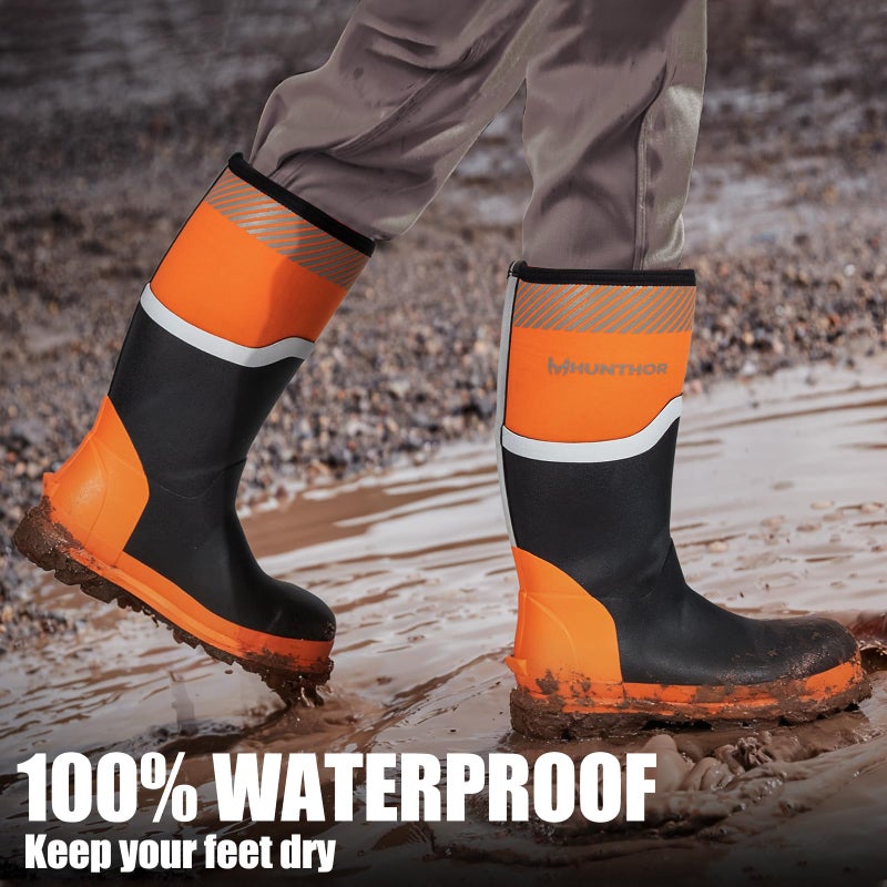 Hunthor Steel Toe Rubber Boots for Men, Safety Reflective Strips, Punctrue-Proof with Steel Shank, Waterproof, Insulated 6mm Neoprene Work Boots for Farming, Manufacturing, Construction (Black/Orange, Size 9) - Image 5