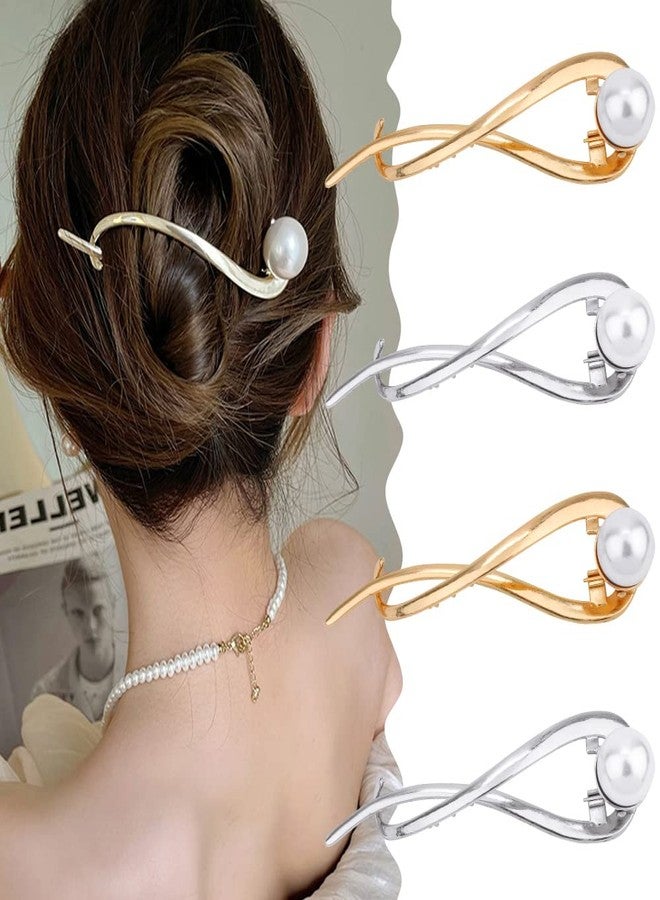 Ahoney 4 Pcs Pearl Barrettes for Women - 4.2 French Hair Clips with Fancy Pearls for Thick Hair (Silver+Gold) - Image 1
