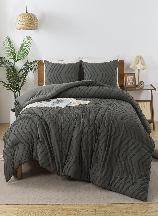 Andency مجموعة لحاف كينغ مريحة بحجم كبير رمادي داكن 120x98، مجموعة لحاف بوهو بحجم كبير ناعمة دافئة مزخرفة، 3 قطع مجموعة أغطية سرير بوهيمية ذات تصميم جمالي مزخرف على شكل شيفرون - Image 3