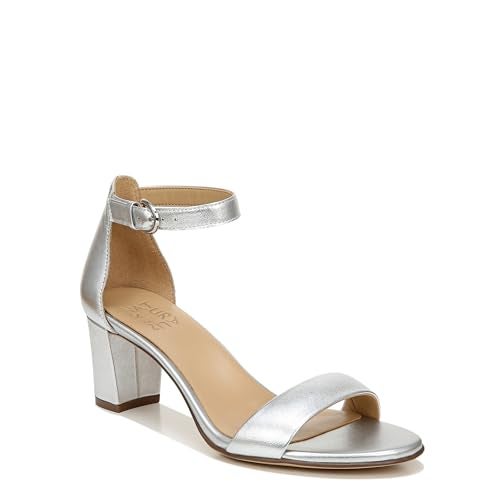 Naturalizer Womens Vera Ankle Strap Block Heel Dress Sandal Silver Metallic Leather75M