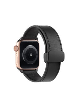 TenTech Leather Watch Band for Apple Watch Ultra/Ultra 2, Size 49mm 45mm 44mm 42, Genuine Leather Band with Magnetic Clasp for iWatch Series 9/8/7/6/5/4/3/2/1/ SE – black