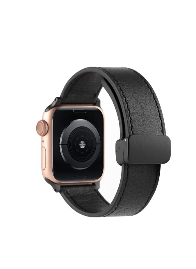 ten.tech - TenTech Leather Watch Band for Apple Watch Ultra/Ultra 2, Size 49mm 45mm 44mm 42, Genuine Leather Band with Magnetic Clasp for iWatch Series 9/8/7/6/5/4/3/2/1/ SE – black - Image 1